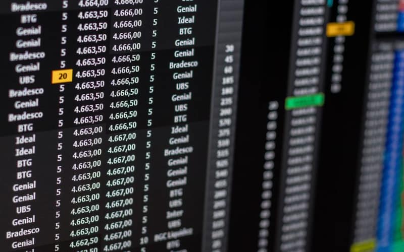 Close-up of financial data on a computer screen showing stock market trends.
