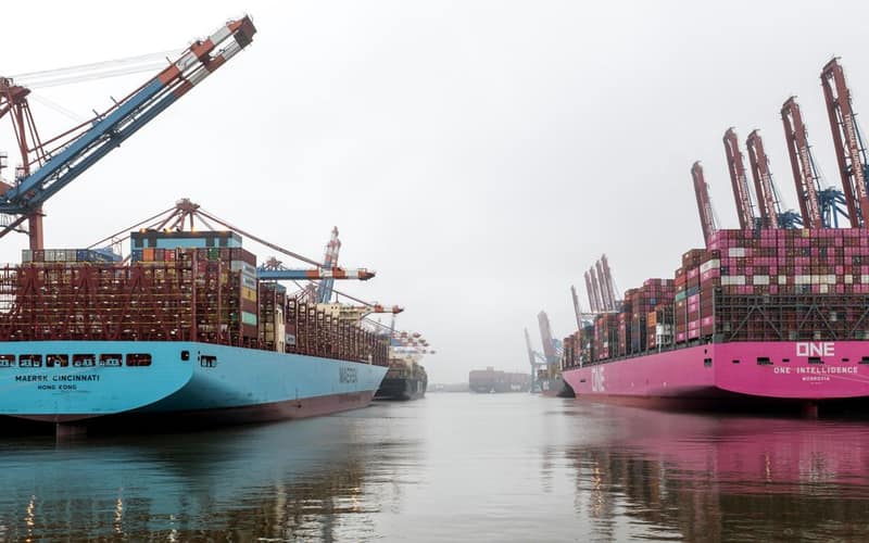 Massive container ships docked at Hamburg Port, displaying global shipping power.