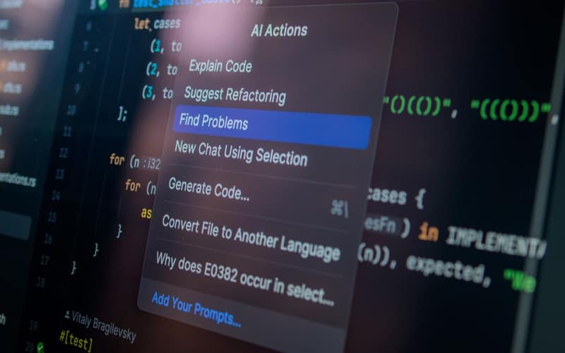 Detailed view of a computer screen displaying code with a menu of AI actions, illustrating modern software development.