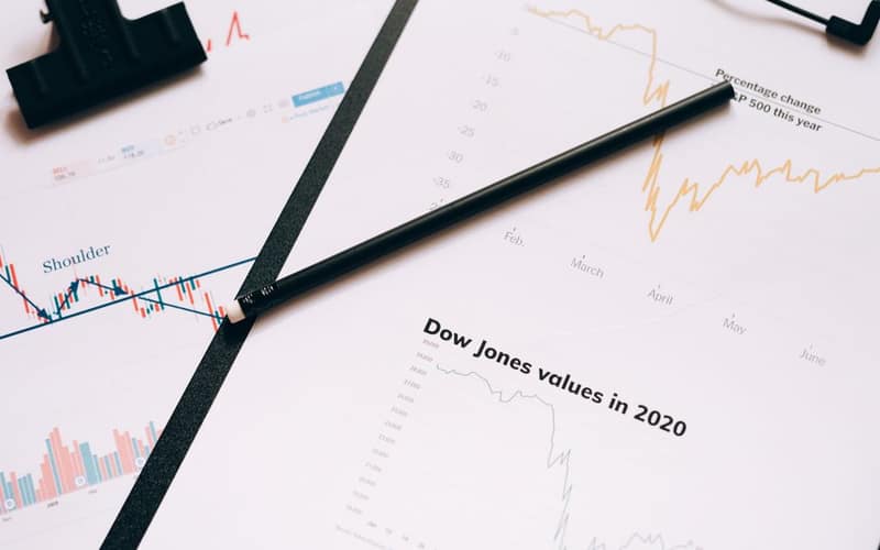 Clipboard with stock market charts and graphs representing financial data analysis.