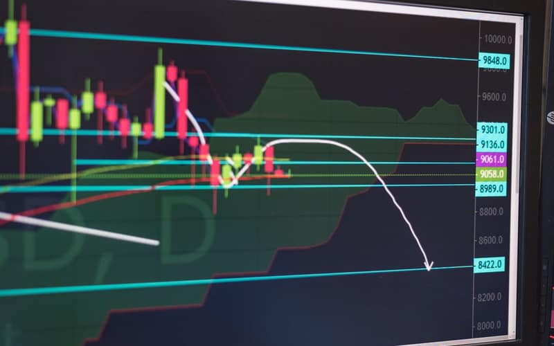 Close-up of a cryptocurrency trading chart displayed on a monitor, showing market trends and analysis.