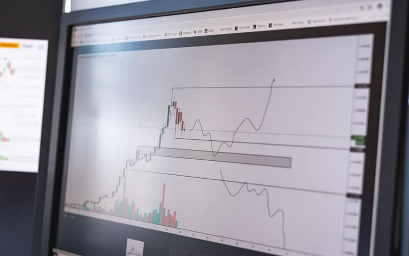 Close-up of stock market analysis charts on a monitor, showcasing market trends.