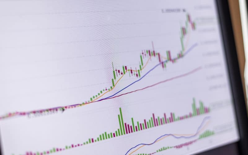 Close-up of a trading screen showing an increasing stock market chart.