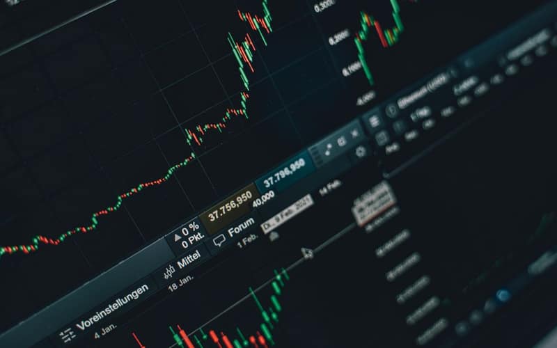 Close-up of stock market trading screen displaying financial growth and charts.