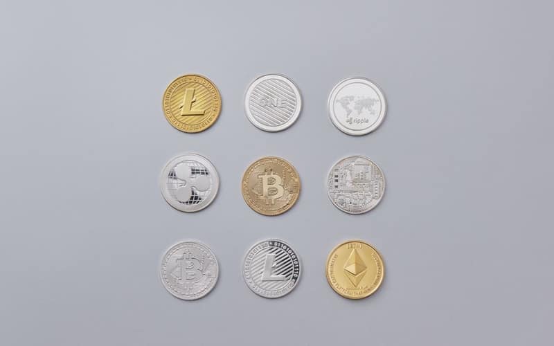 Image showcasing a selection of different cryptocurrency coins arranged on a neutral grey background.