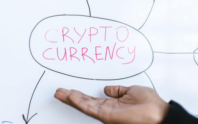 Close-up of a hand gesturing at a cryptocurrency diagram on a whiteboard, highlighting crypto concepts.