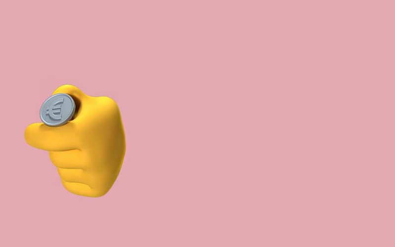 A 3D cartoon hand holds a euro coin against a pink background, symbolizing finance and money.